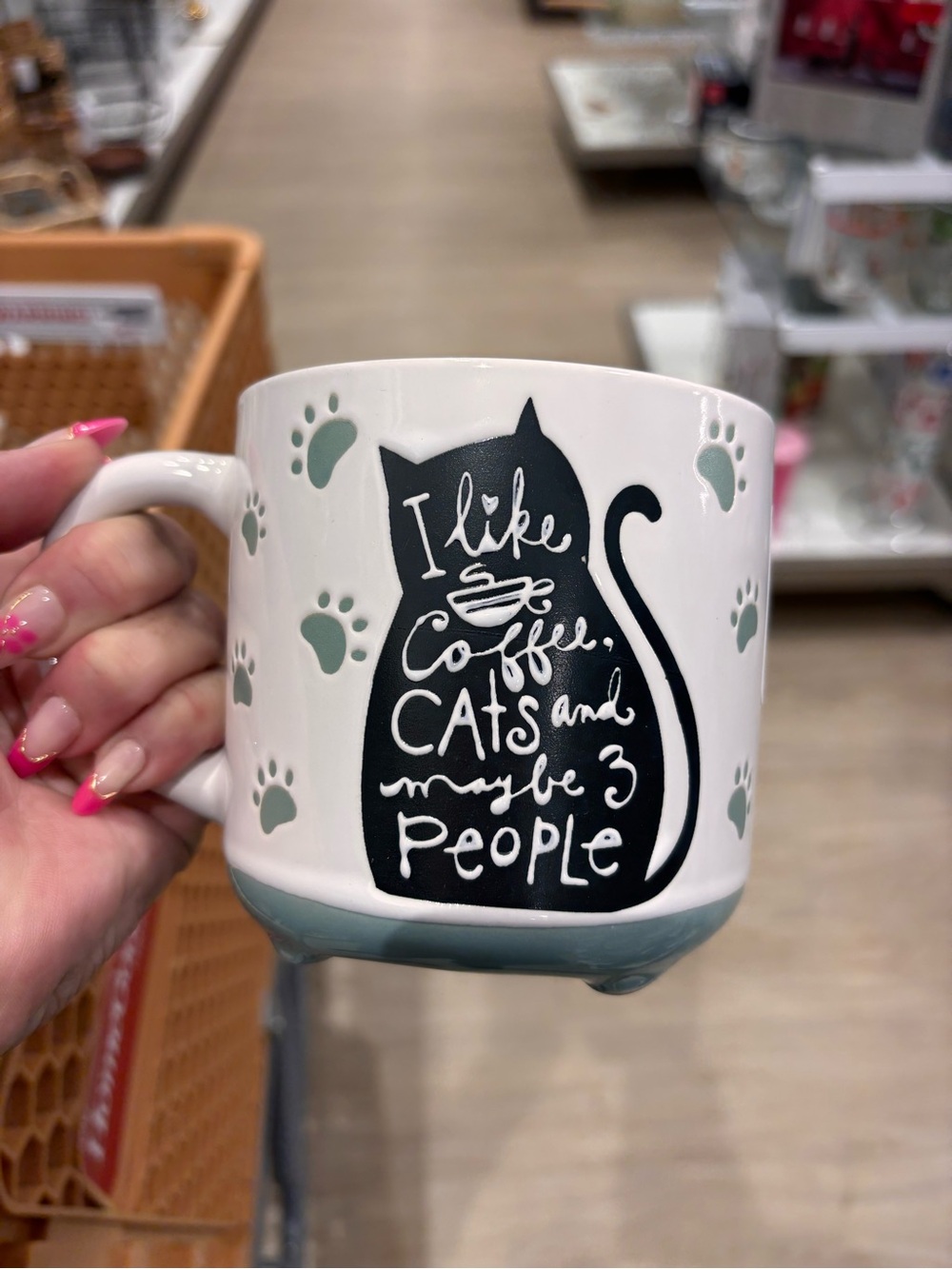 Cat Coffee Ceramic Mug - White with Teal paw print Accents